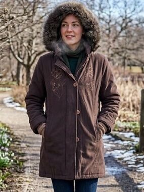 NUAGE Chocolate Brown Sequin Floral Embroidered Faux Fur Hooded Parka Coat Chic